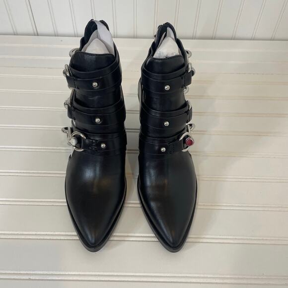 NWT Rebecca Minkoff Black Leather Seavie Cutout Dog Clip Bootie Strappy Heel 9.5 - Picture 2 of 7